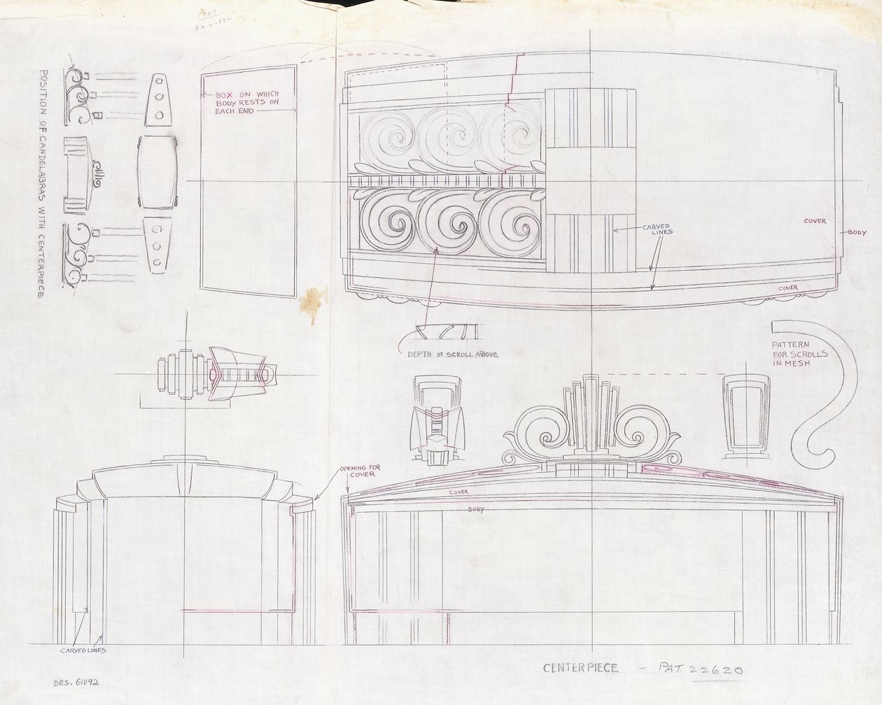 Eine Zeichnung des Designs für ein Tiffany & Co. Ausstellungsmittelstück und zwei dreiflammige Kandelaber, hergestellt für die Weltausstellung 1939, ca. 1939 von Tiffany and Company