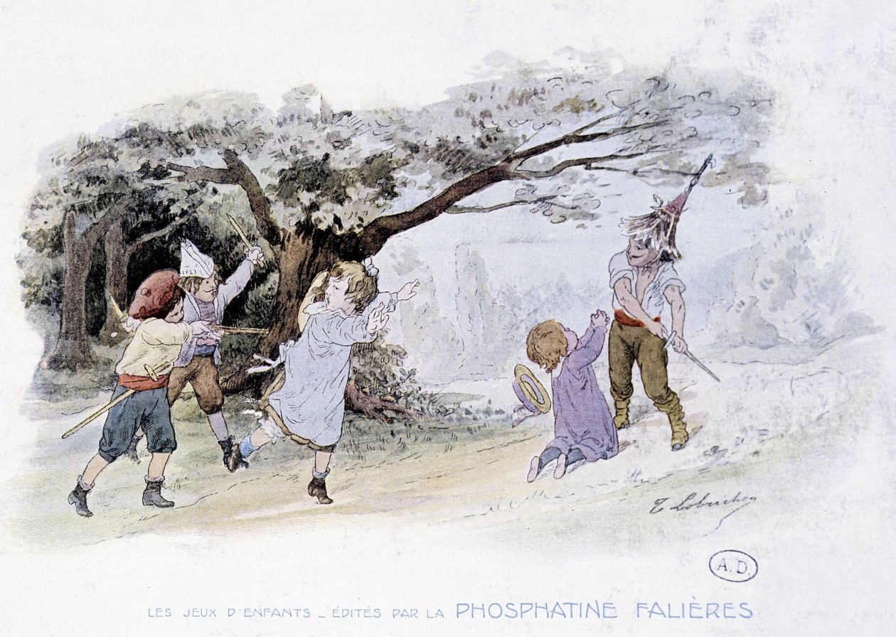 Kinderspiele: Kinder spielen Krieg, Soldaten - Zeichnung von Lobrichon, ed. von Phosphatine Falières, ca. 1920 von Timoleon Marie Lobrichon
