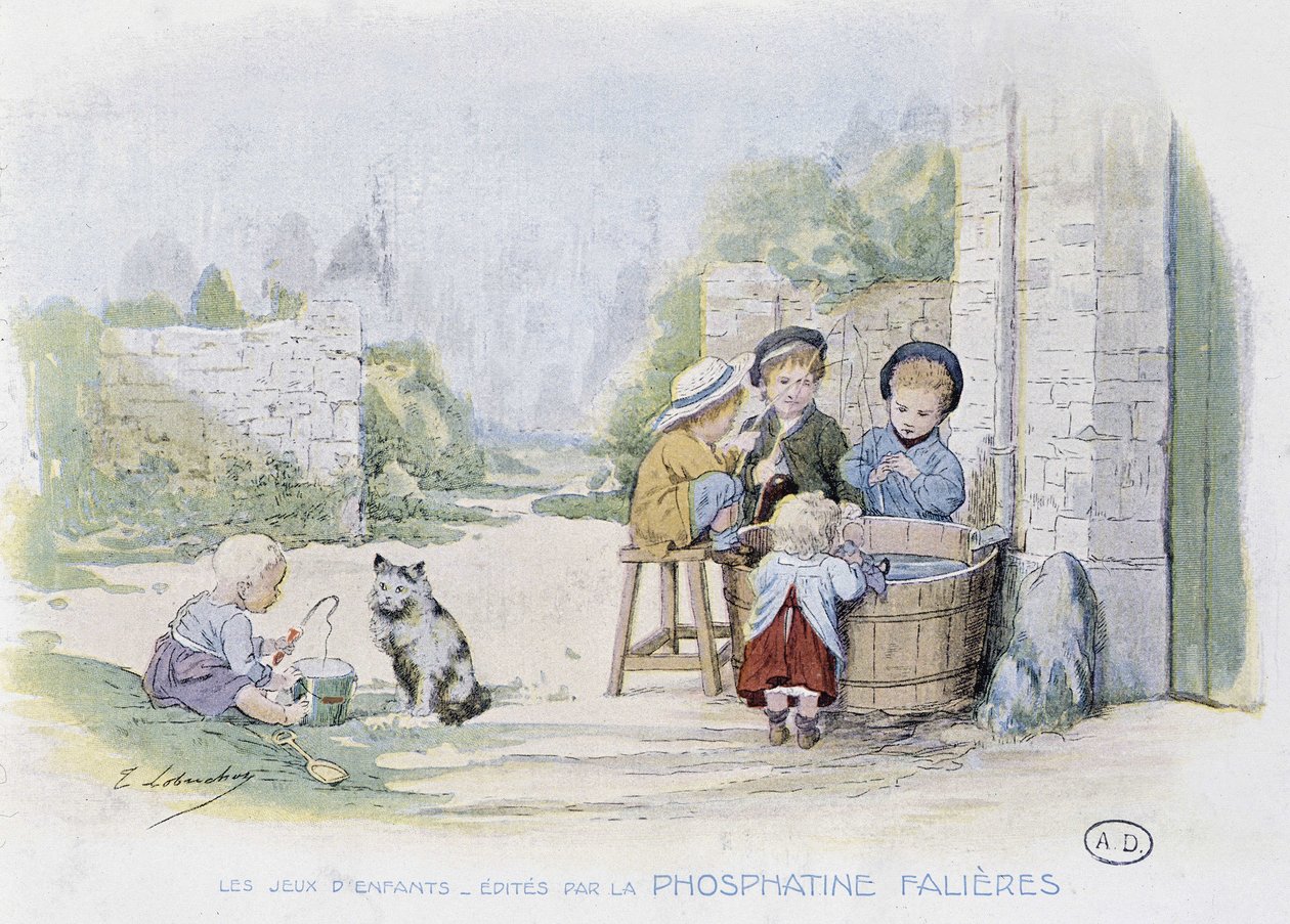 Kinderspiele: Angeln in einem Eimer (Zeichnung von Lobrichon, herausgegeben von Phosphatine Falieres, ca. 1920) von Timoleon Marie Lobrichon