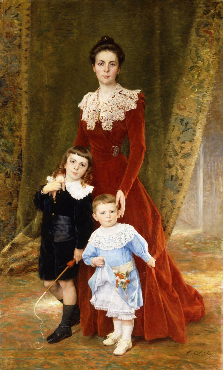 Porträt einer Dame, stehend in voller Länge, mit ihren Kindern von Timoleon Marie Lobrichon