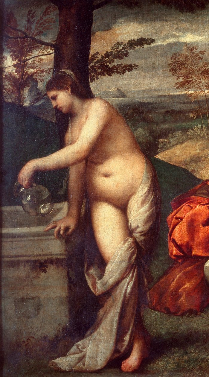 Das Konzert im Freien. Musiker auf dem Gras, Frauen sind nackt. Detail einer von ihnen füllt ihren Krug an der Quelle. Gemälde zugeschrieben Tiziano Vecellio dit le Titian (1485-1576) oder Giorgio da Castelfranco dit Giorgione (1476/1478-1510) von Titian (c.1488 1576) (attr. to)