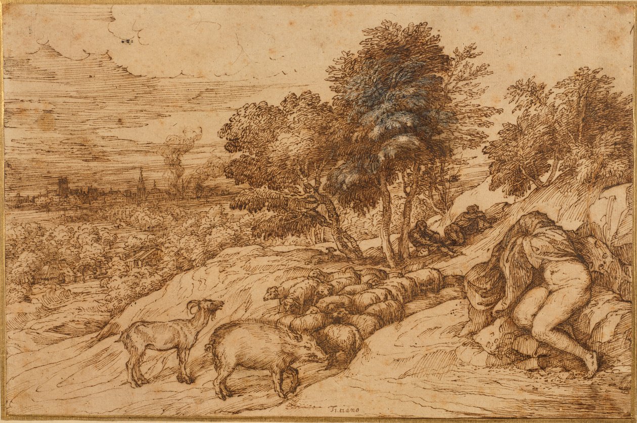 Eine bewaldete Landschaft mit einer nackten Frau, deren Kopf von einem Umhang verdeckt ist von Titian (c.1488 1576)