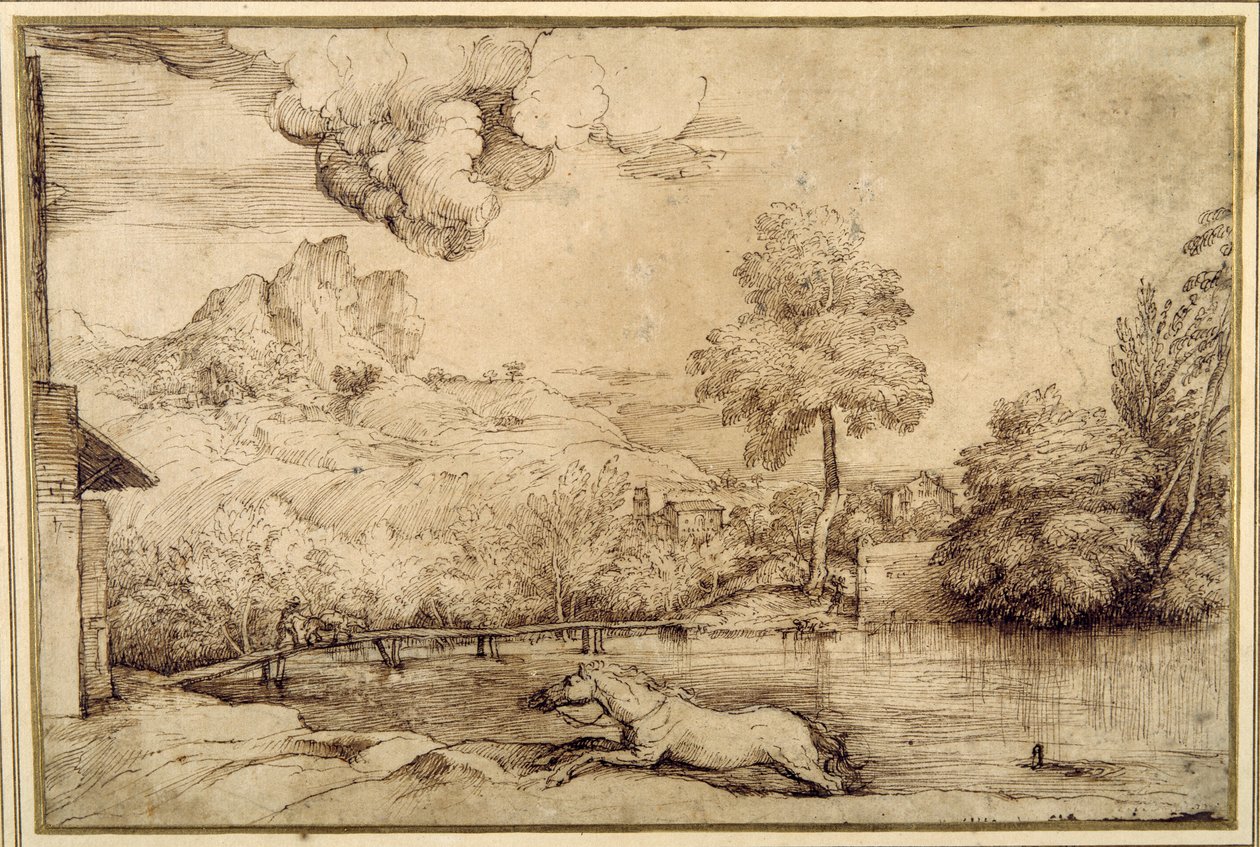 Landschaft: ein reiterloses Pferd verfolgt von einer Schlange von Titian (c.1488 1576)