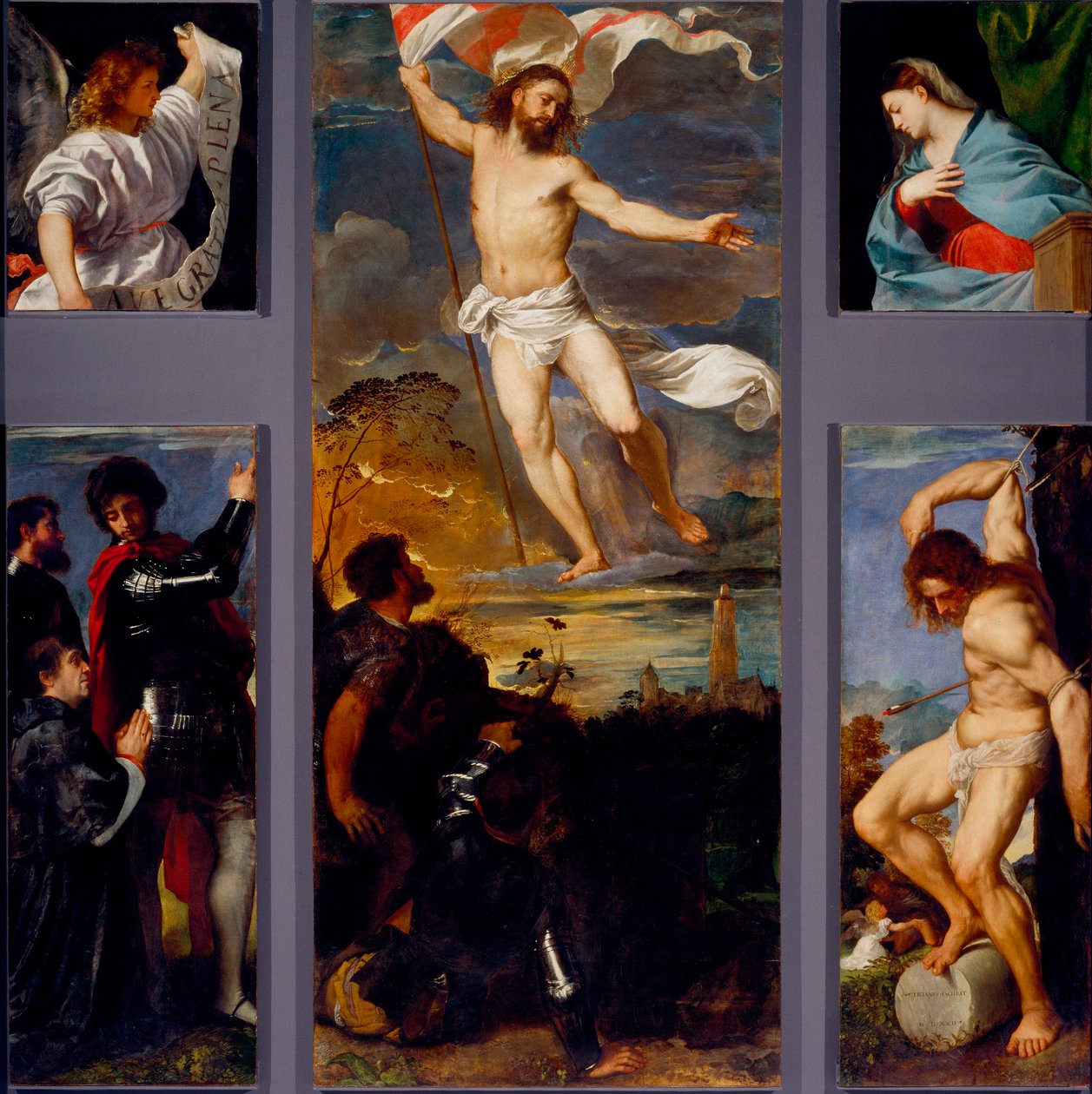 Die Auferstehung, Die Jungfrau, Heiliger Sebastian und die Sponsoren (Averoldi-Polyptychon) von Titian (c.1488 1576)