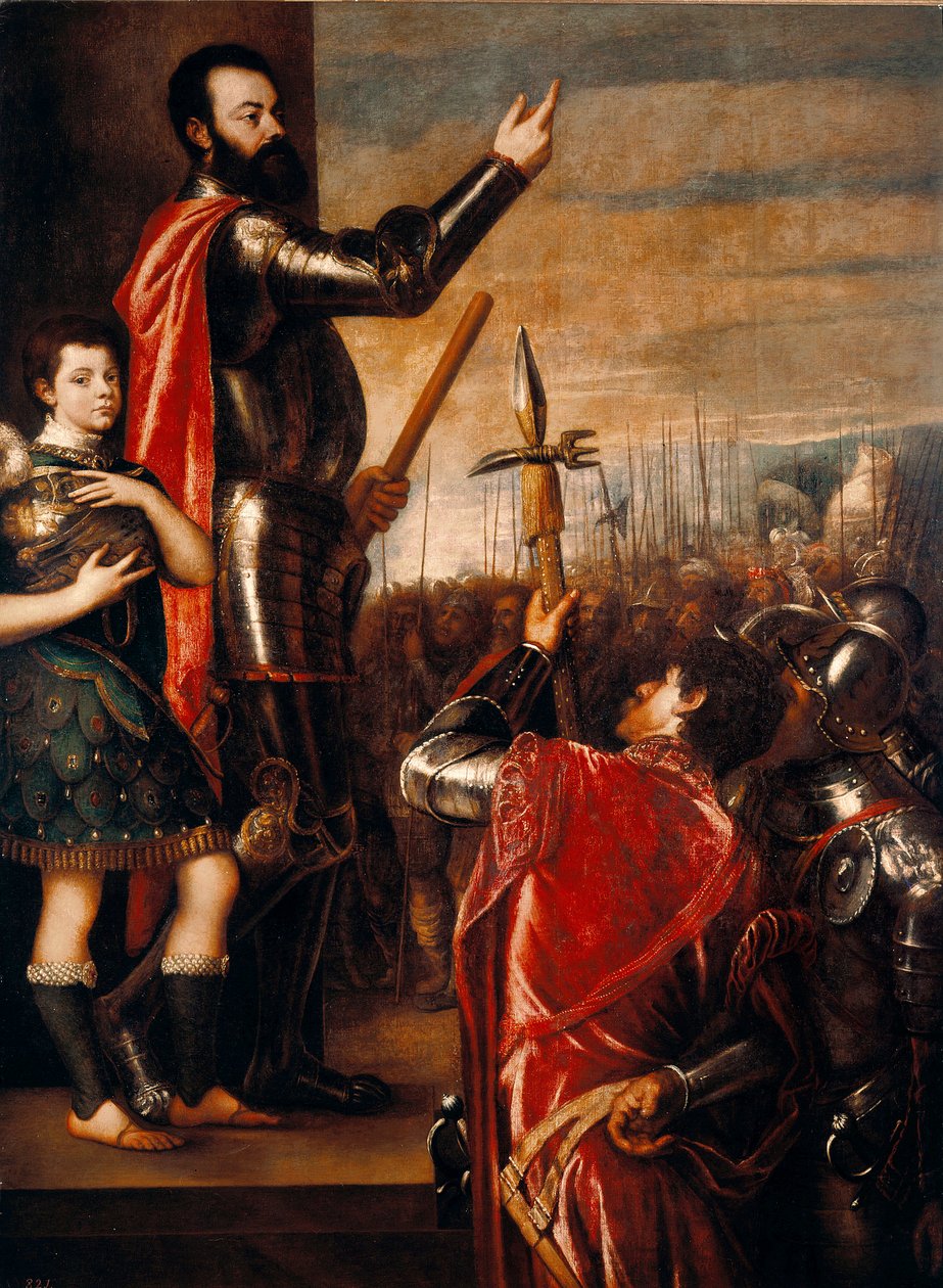 Die Rede von Alfonso de Avalos (1502-1546), italienischer Condottiere. Gemälde von Tiziano Vecellio, genannt der Tizian (1490 circa-1576) 1540-1541. Maße 223x165 cm. Madrid, Prado Museum von Tiziano Vecelli