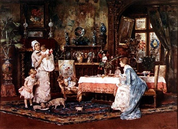 Mutter und Kind in einem eleganten Innenraum von Tito Lessi