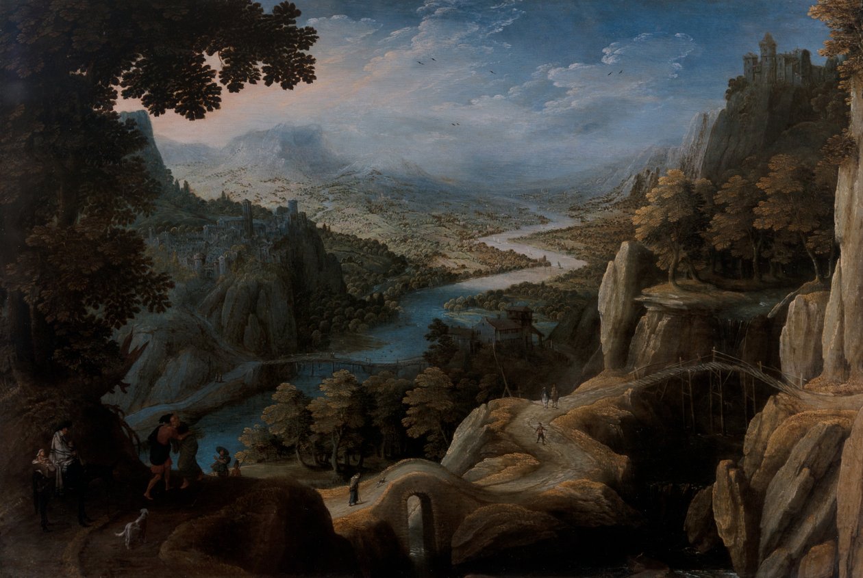 Eine weitläufige bergige Flusslandschaft mit der Versöhnung von Jakob und Laban, eine befestigte Stadt auf einem Kliff darüber hinaus von Tobias Verhaecht