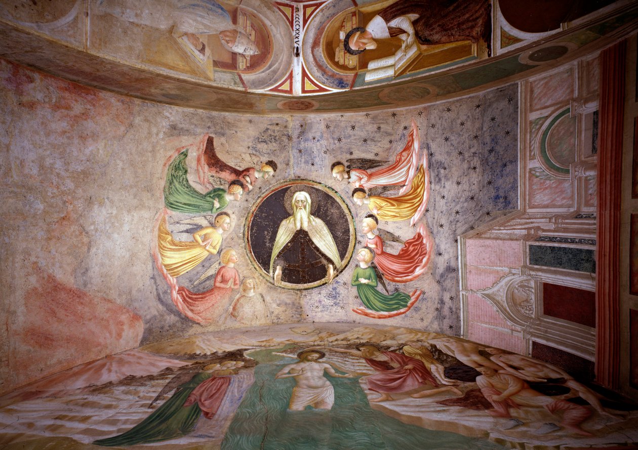 Lebenszyklus von Johannes dem Täufer: Gottvater umgeben von Engeln, die Taufe Christi und der heilige Hieronymus in seinem Studierzimmer von Tommaso Masolino da Panicale