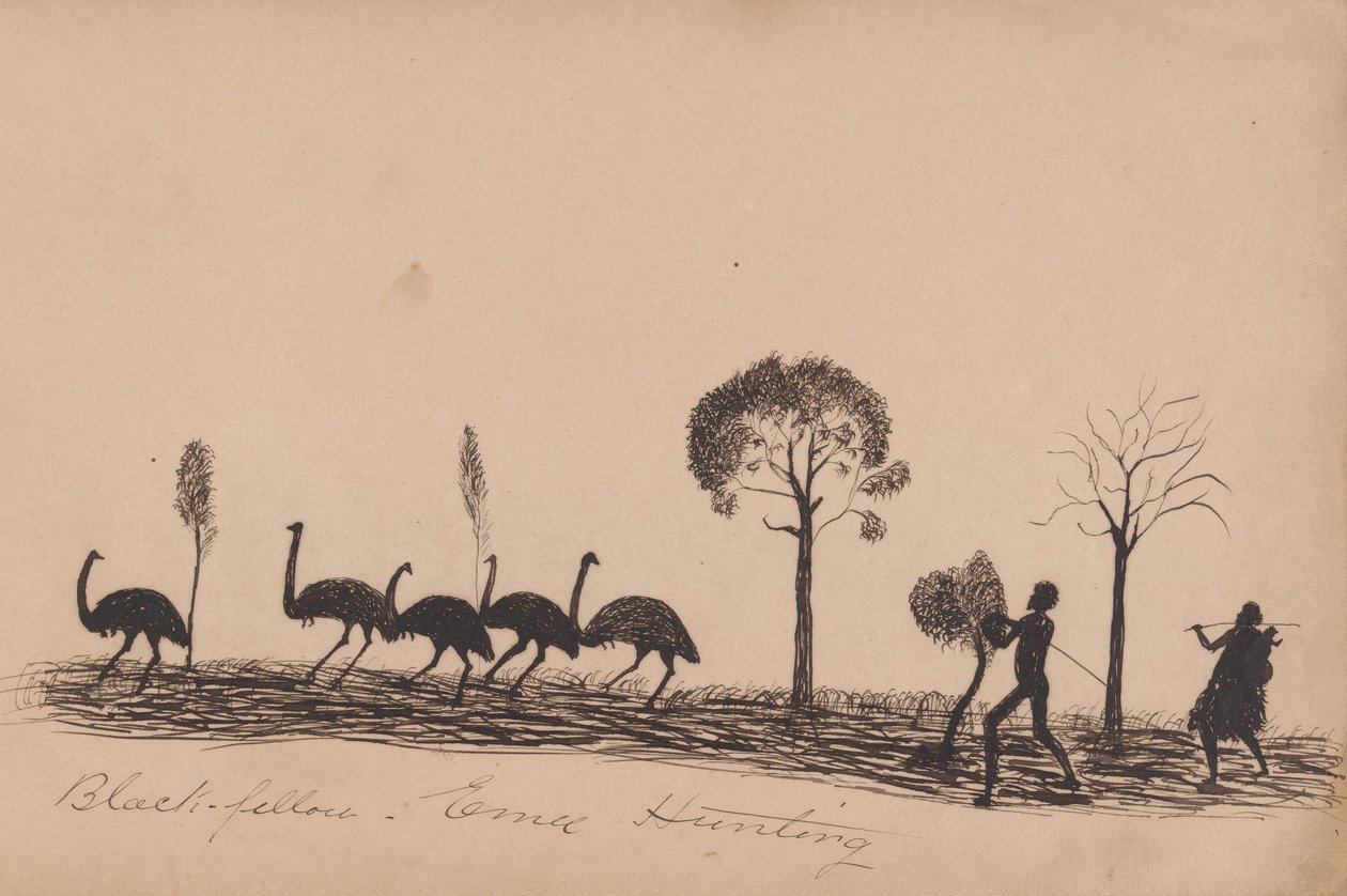 Kwatkwat Volk - Schwarzer bei der Emu-Jagd - Skizzenbuch der Aktivitäten der Aborigines von Tommy McRae