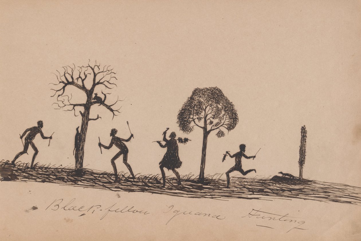 Kwatkwat Volk - Schwarzer bei der Leguan-Jagd - Skizzenbuch der Aktivitäten der Aborigines von Tommy McRae