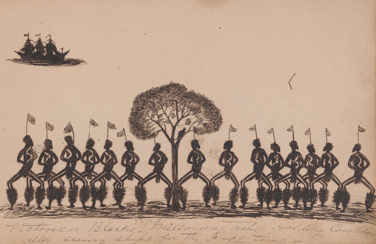 Kwatkwat-Leute - Viktorianische Schwarze - Melbourne-Stamm hält Corroboree nach dem ersten Anblick von Schiffen von Tommy McRae