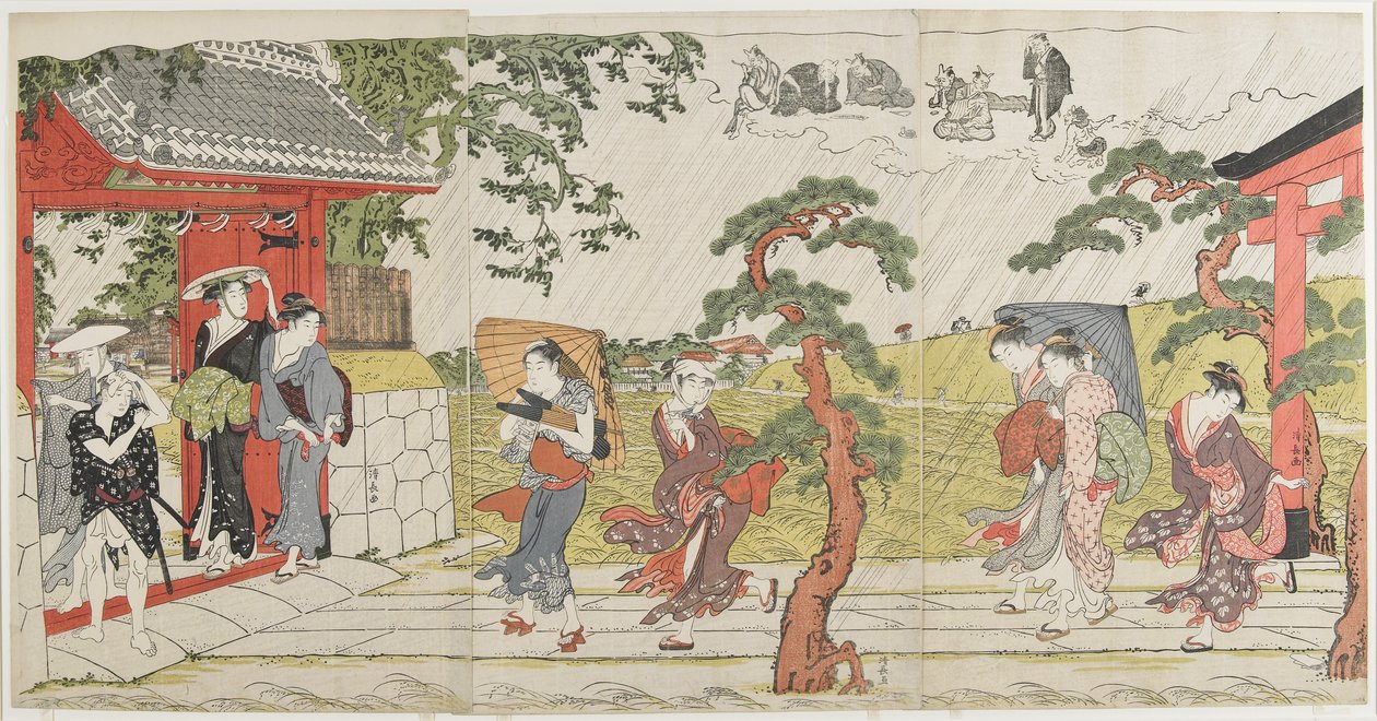 Plötzlicher Regenschauer am Mimeguri-Schrein, 1787 von Torii Kiyonaga