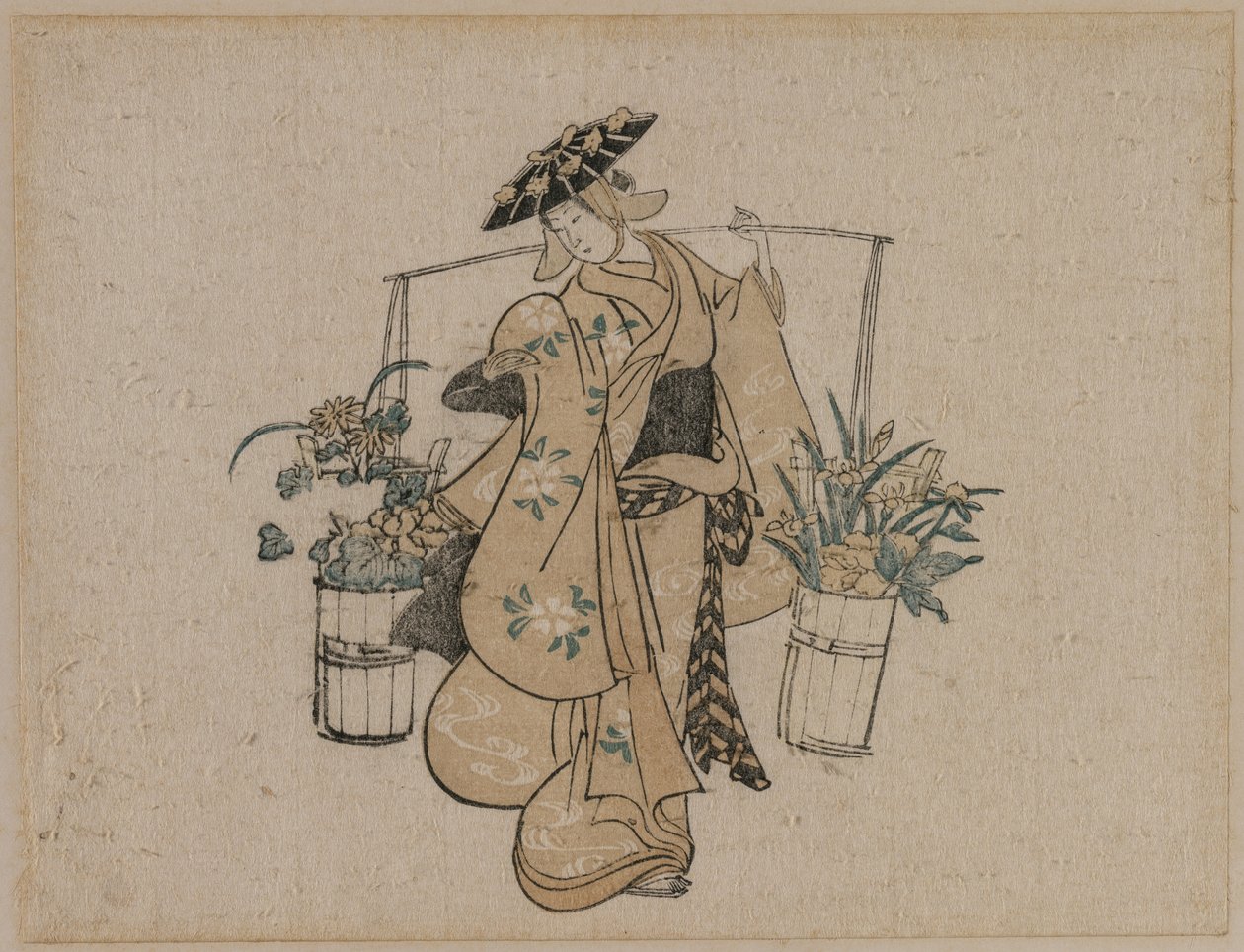 Eine Schönheit, die zwei Eimer Blumen trägt, um 1696-1716 von Torii Kiyomasu