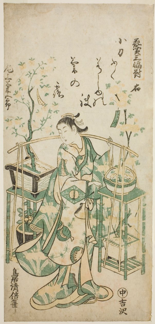 Der Schauspieler Onoe Kikugoro I, rechtes Blatt des "Blumenverkäufer-Triptychons (Hanauri sanpukutsui)" von Torii Kiyomasu II