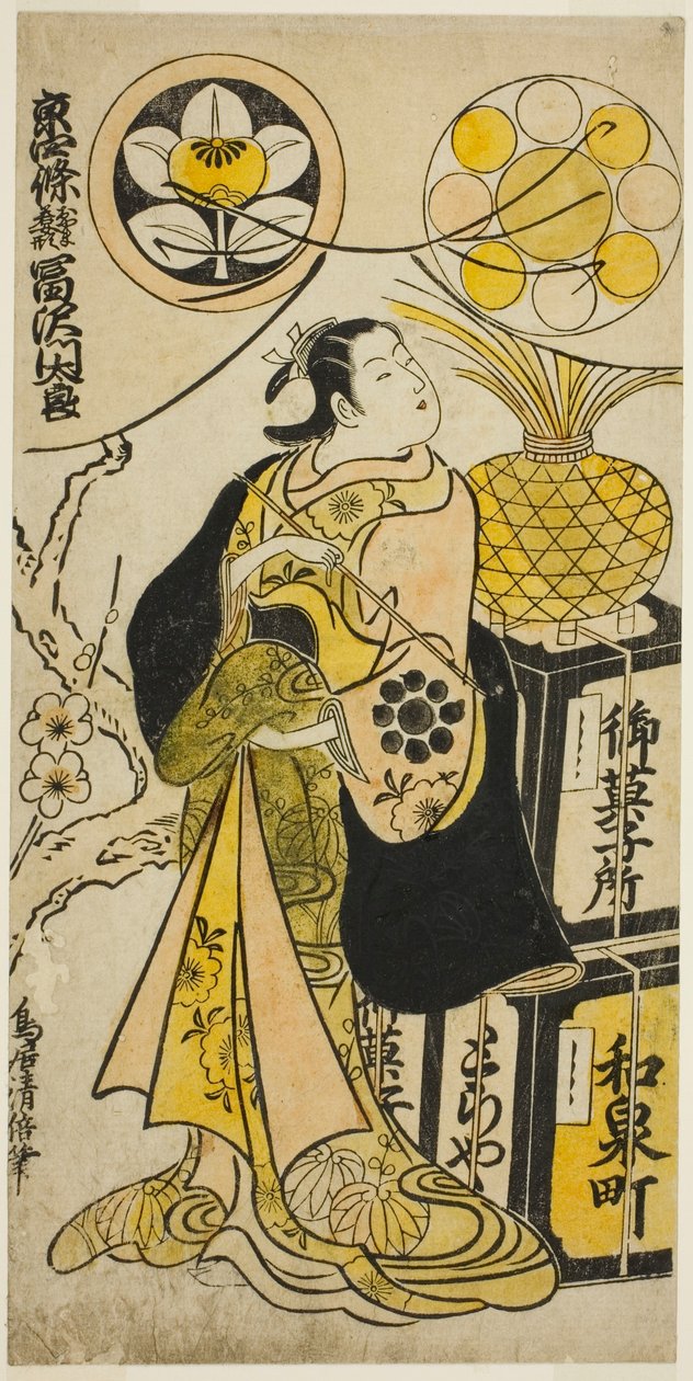 Der Schauspieler Tomizawa Montaro I als Miyako no Mae im Stück "Izu Genji Horai Yakata," aufgeführt im Ichimura-Theater im elften Monat, 1736 von Torii Kiyomasu II