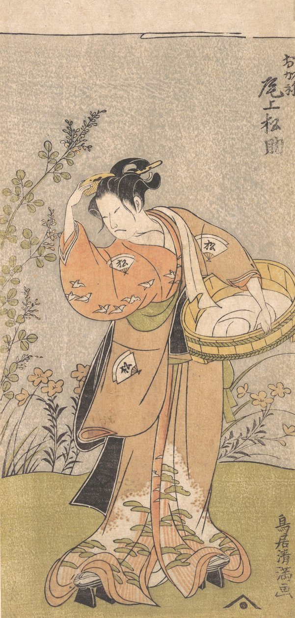 Der Schauspieler Onoya Matsusuke in weiblicher Robe von O-Kane, kämmt sein Haar von Torii Kiyomitsu