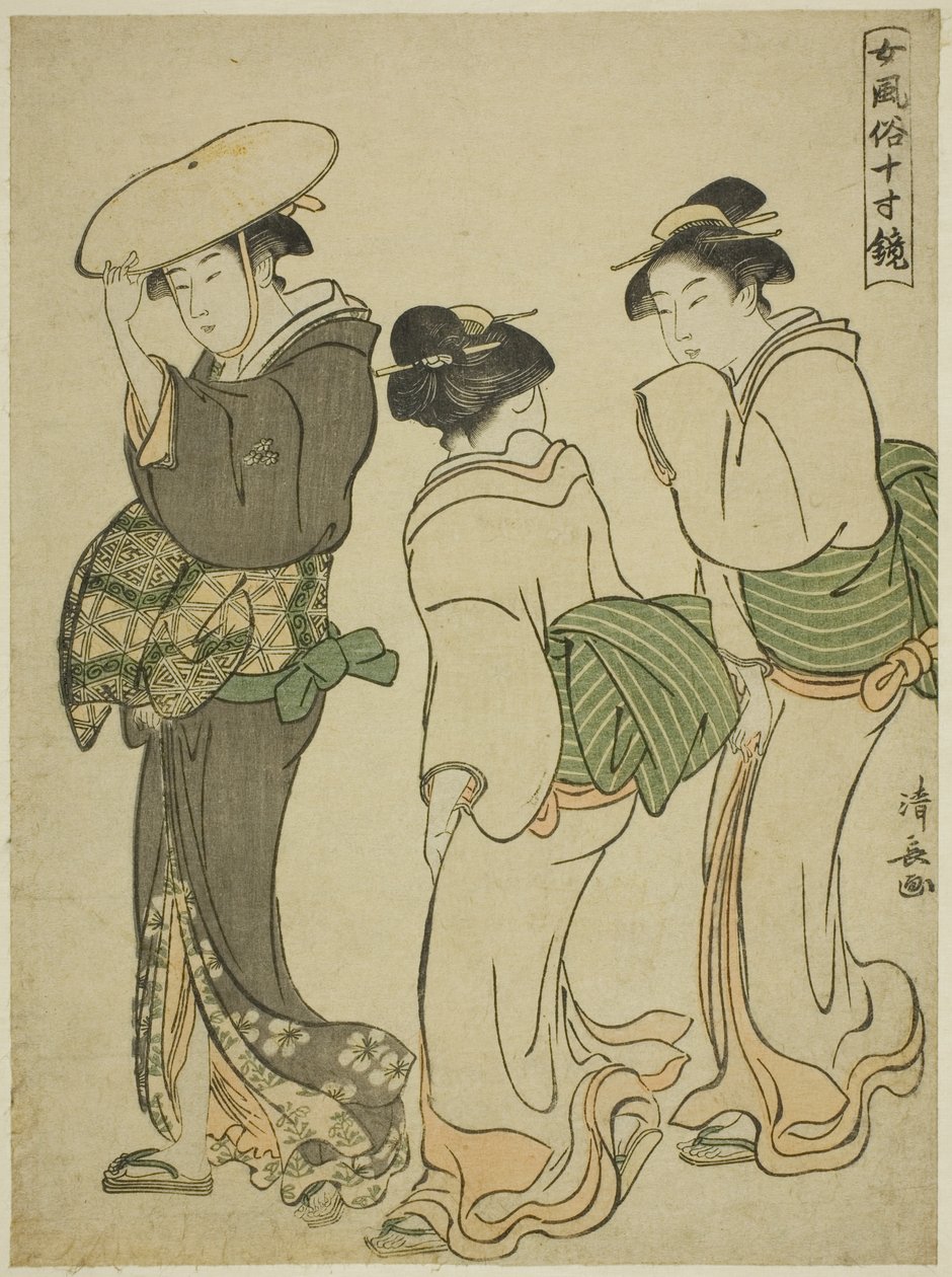 Eine Frau und zwei Mägde, aus der Serie "Ein Spiegel weiblicher Manieren" von Torii Kiyonaga