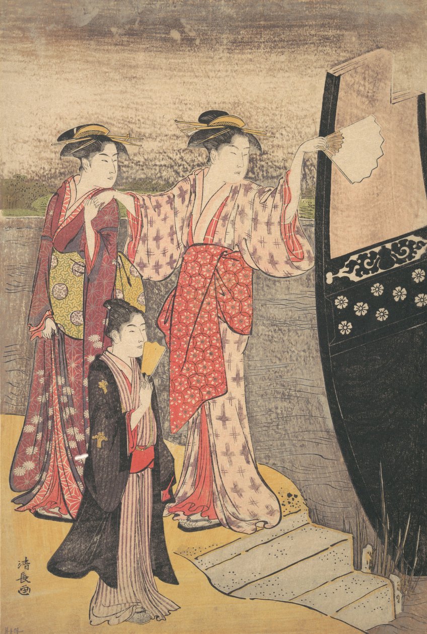 Ausstieg aus einem Vergnügungsboot am Sumida-Fluss von Torii Kiyonaga