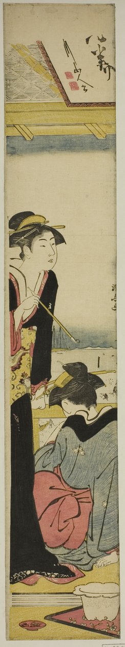 Geisha und Dienerin auf einem Balkon mit Blick auf die Bucht von Torii Kiyonaga