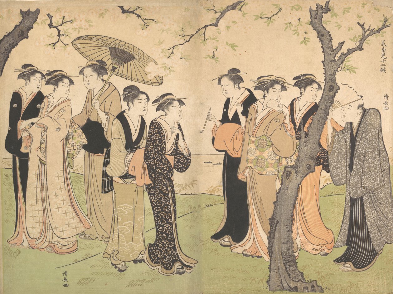 Gruppe von sechs Geishas unter den Kirschbäumen auf Gotenyama, ca. 1785 von Torii Kiyonaga