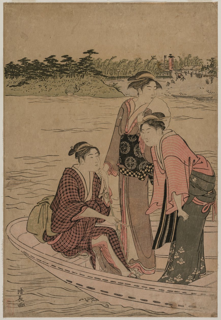 Passagiere in einer Fähre auf dem Sumida-Fluss von Torii Kiyonaga