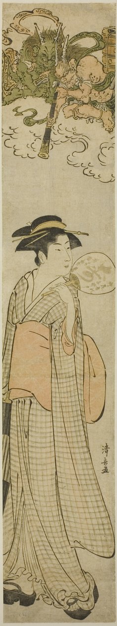 Donnengötter spähen durch ein Teleskop auf eine Schönheit von Torii Kiyonaga