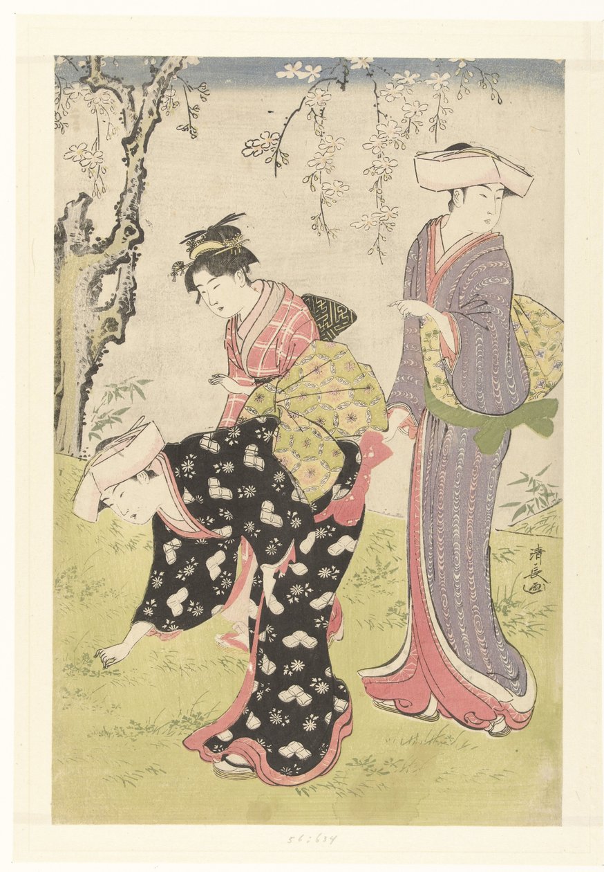 Zwei Frauen und ein Mädchen unter einem blühenden Kirschbaum von Torii Kiyonaga