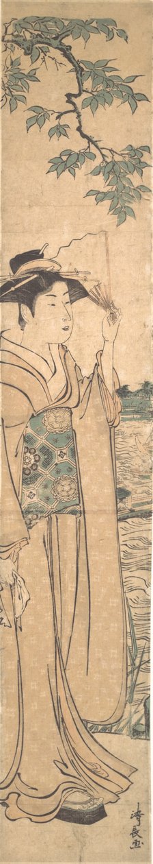 Frau mit Fächer am Ufer des Sumida-Flusses von Torii Kiyonaga