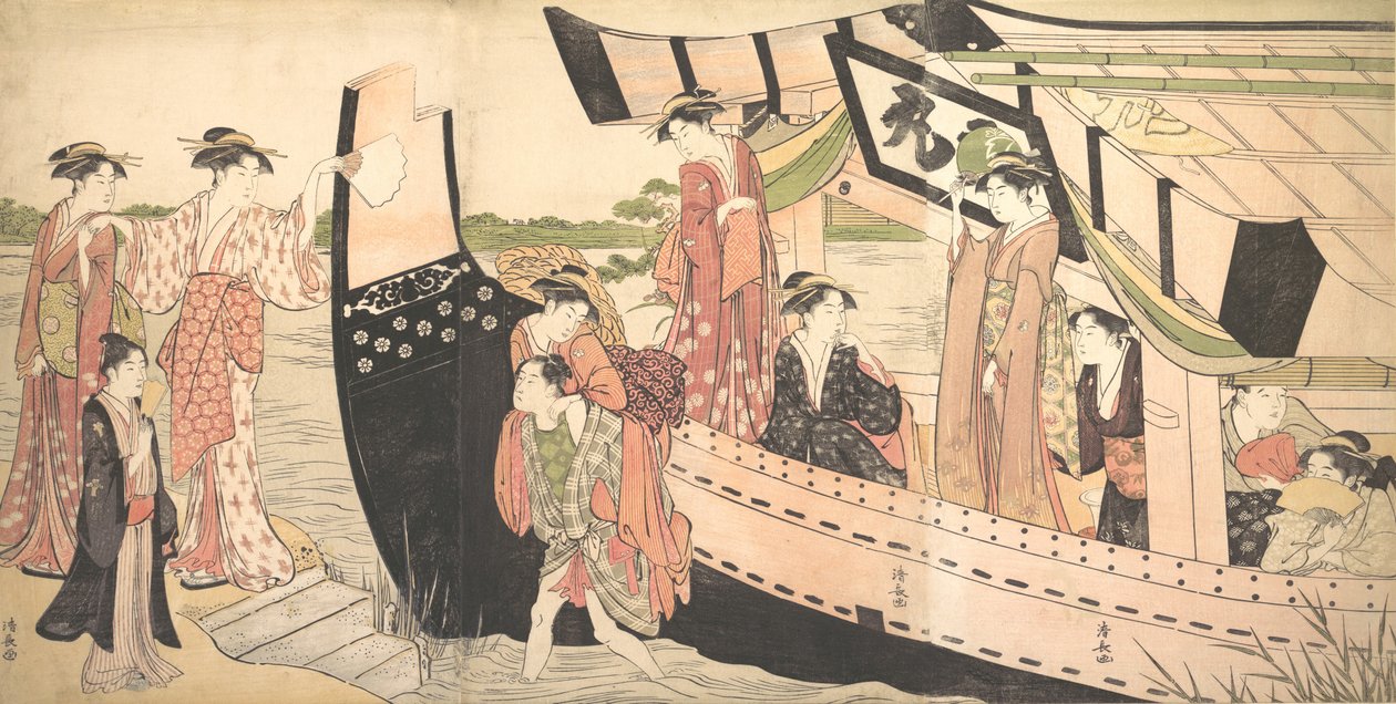 Frauen landen von einem Vergnügungsboot, das am Ufer von Mukojima am Sumida-Fluss angelegt hat, ca. 1785 von Torii Kiyonaga