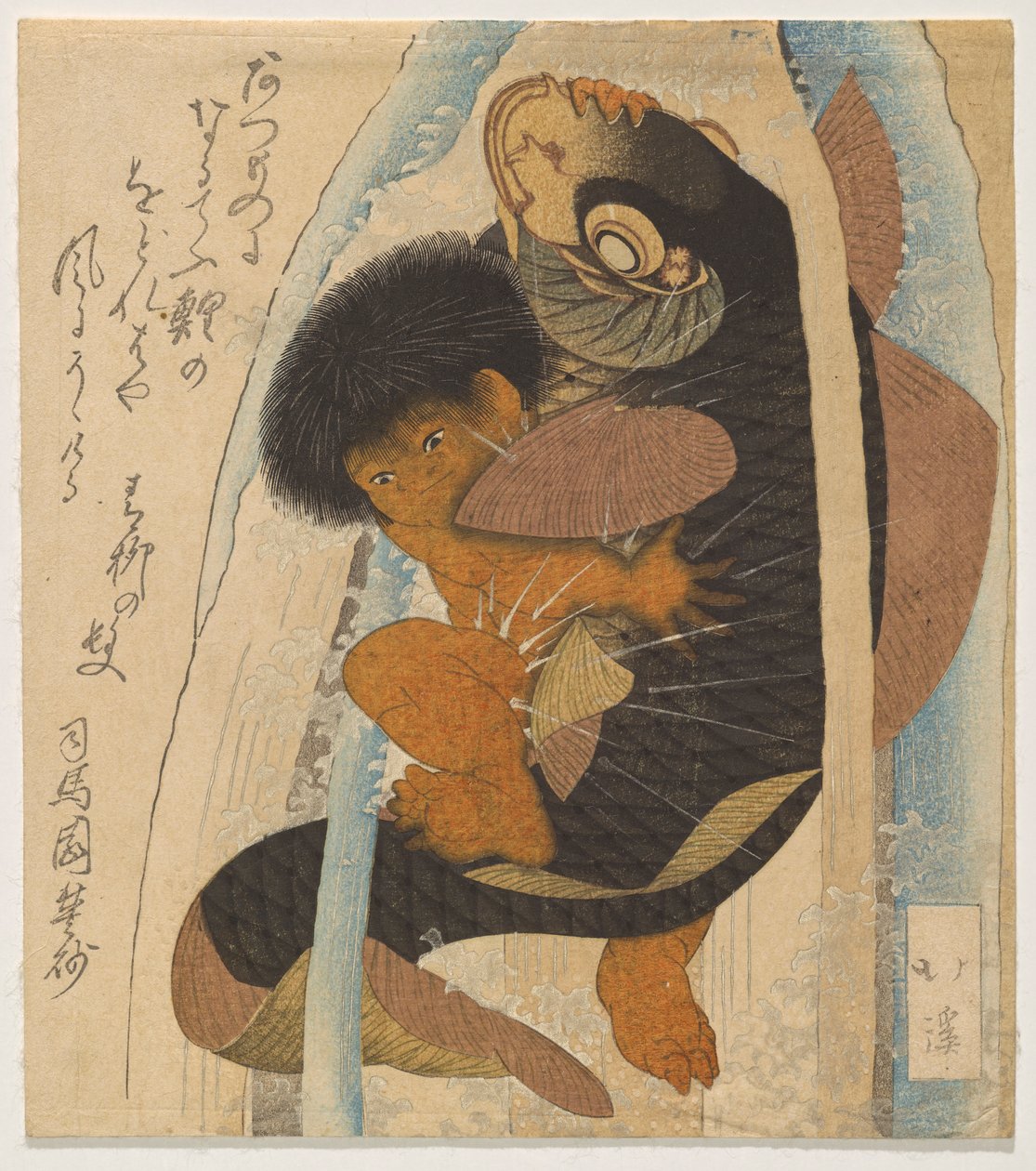 Kintarō kämpft mit dem Riesenkarpfen (Kintarō to Koi) von Totoya Hokkei
