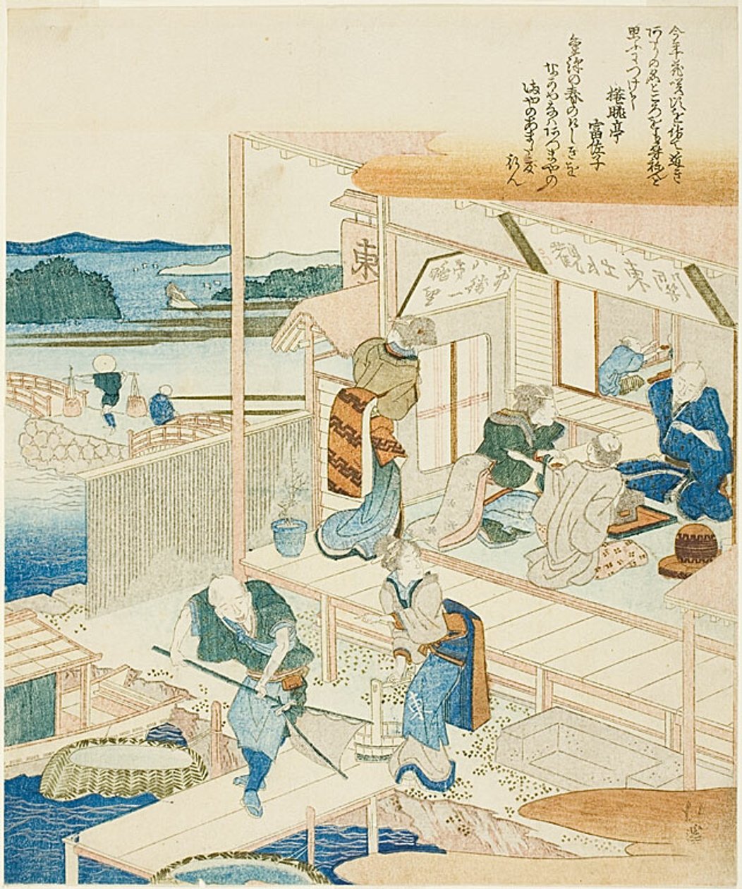 Teehaus und Fischfarm mit Blick auf Kanto von Totoya Hokkei