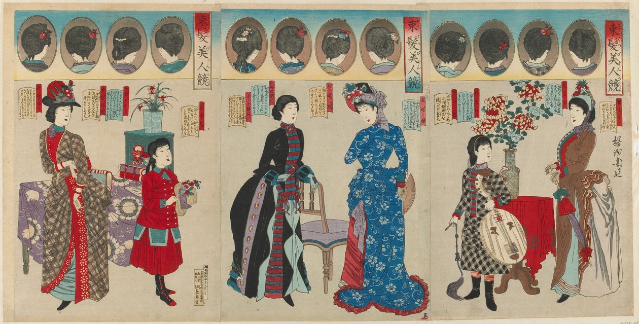 Vergleich schöner Frauen in westlichen Frisuren, Meiji-Ära, 1887 von Toyohara Chikanobu