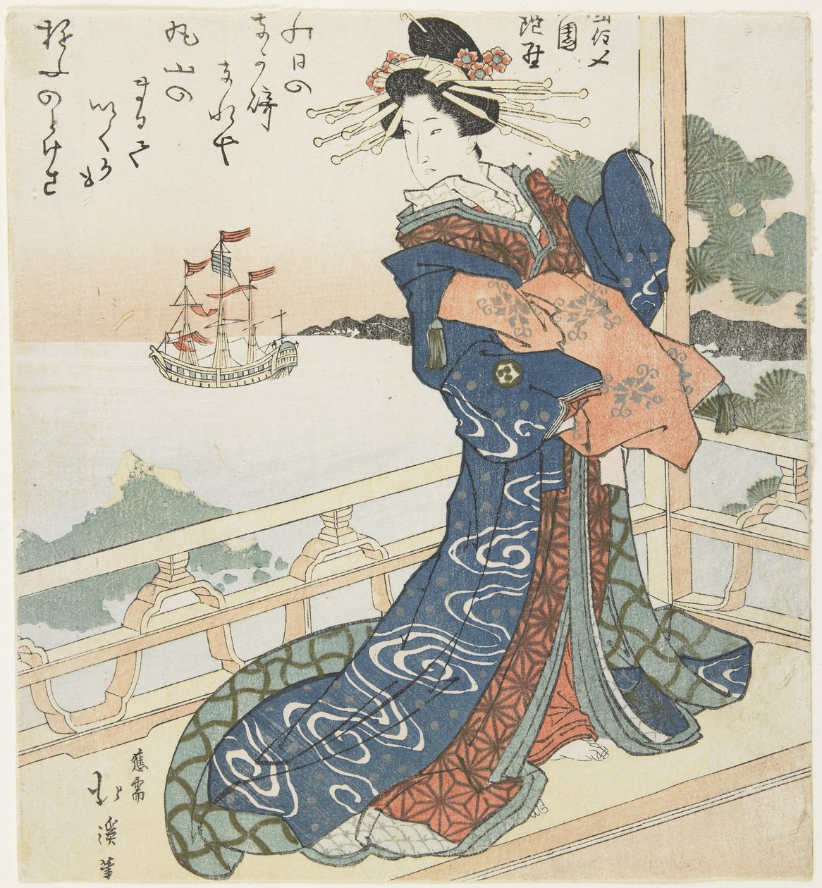 Kurtisane betrachtet ein fremdes Schiff, 1818-1844 von Toyota Hokkei