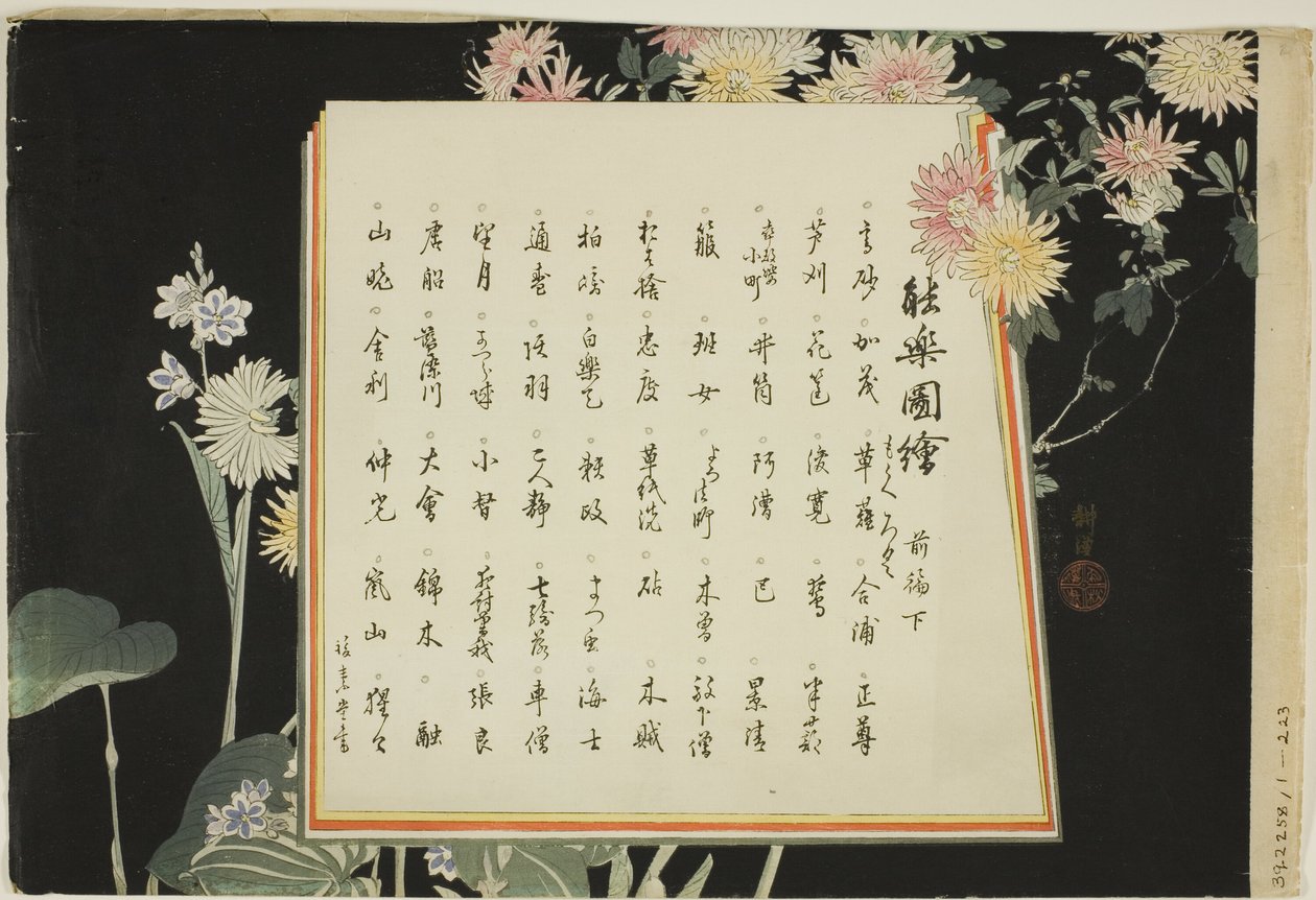Indexseite, Drucke .51-.100 (Bd.1), aus der Serie "Bilder von keinen Aufführungen (Nogaku Zue)" von Tsukioka Kogyo