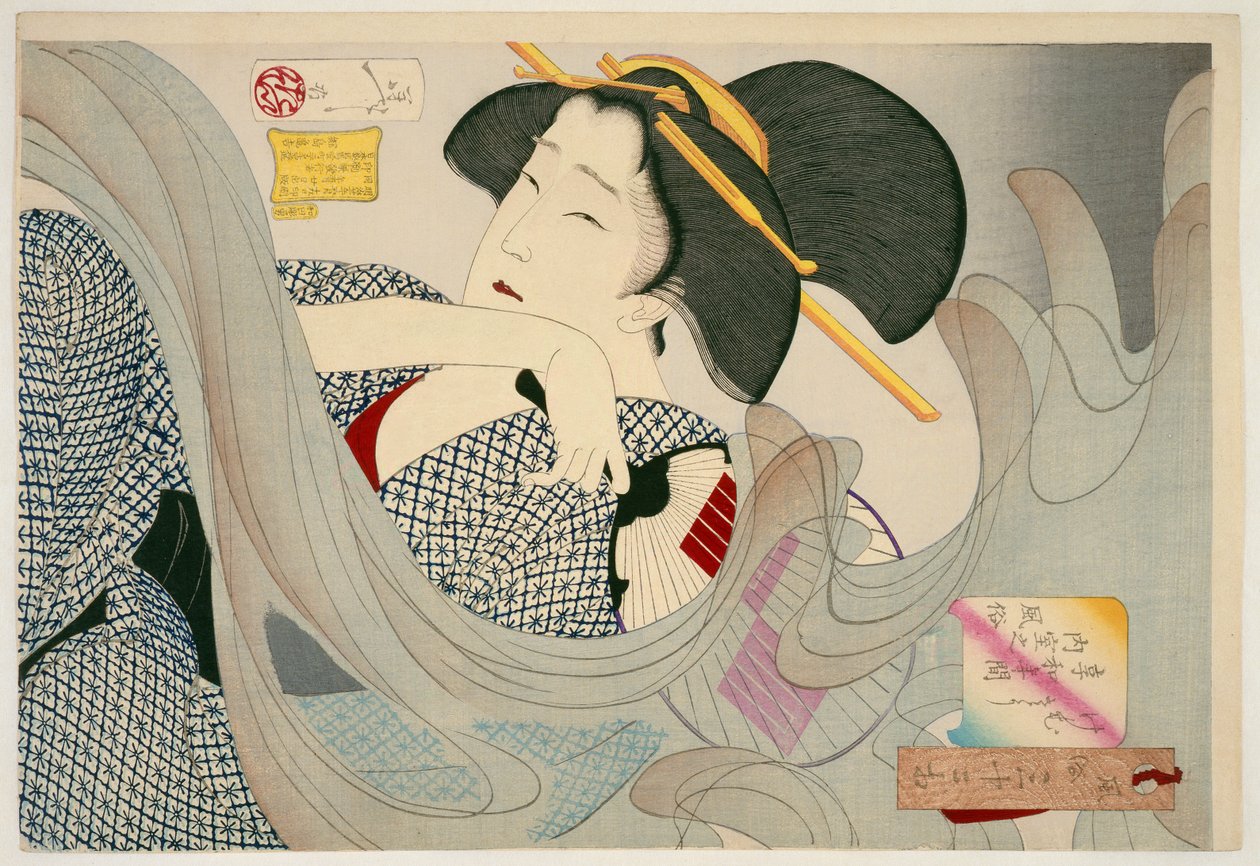 Rauchig aussehend. Eine Hausfrau der Kyowa-Ära, Kemuso Kyowa nenkan naishitsu no fuzoku, 1880 von Tsukioka Yoshitoshi