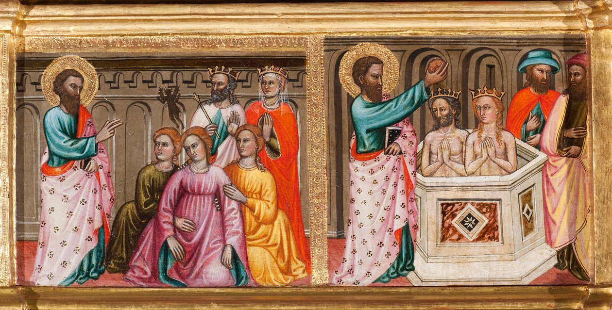 Predella mit dem Leben des hl. Bartholomäus, Exorzismen und Taufen, Detail aus Jungfrau und Kind umgeben von Engeln und Heiligen (Öl auf Tafel) von Turino Vanni