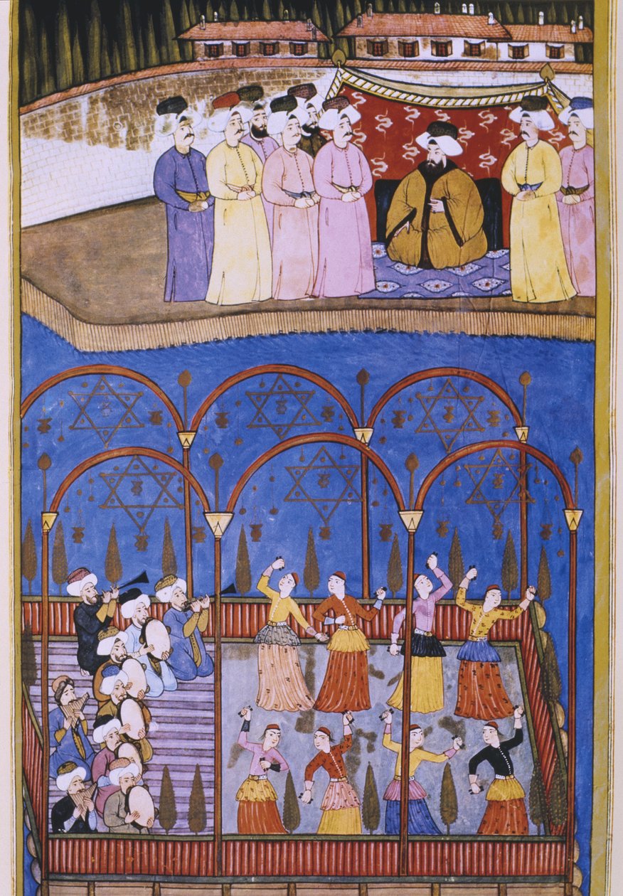 Tänzer und Musiker vor dem Sultan und seinem Hof, aus Sur-Nama von Turkish School
