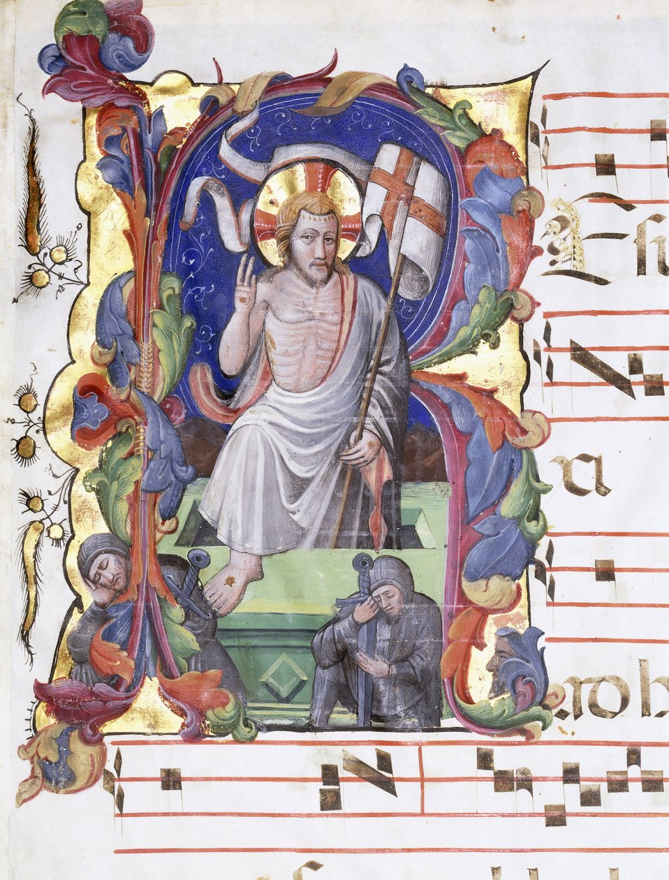 Sehr großer historisierter Buchstabe "A", der die Auferstehung zeigt, ca. 1400-1450 von Tuscan School