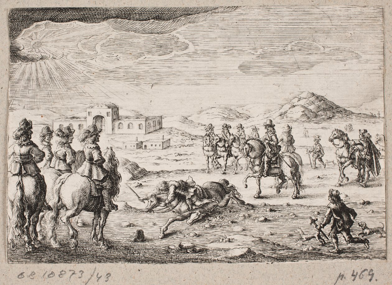 Europäische Reiter in einer offenen Landschaft. Im Hintergrund ein Karawanserei von Ubekendt