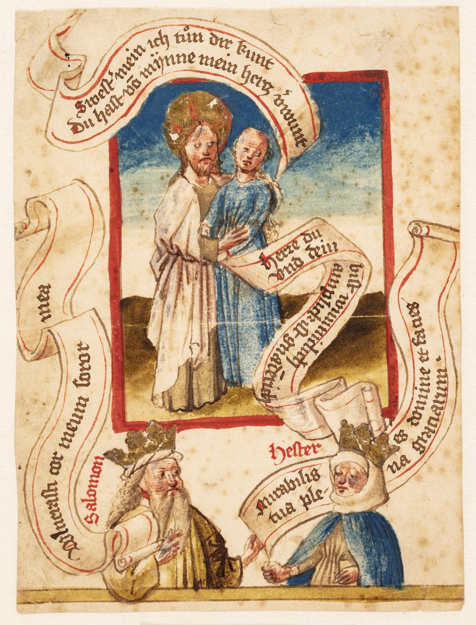 Christus umarmt eine Frau (personifiziert die Gläubigen?) Unten "Salomon" und "Hester" von Ubekendt