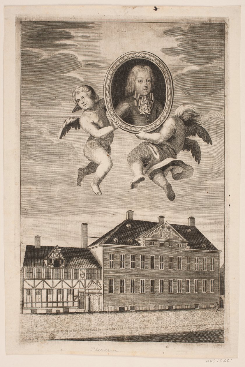 Medaillon mit Porträt eines Jungen der Plessenske Familie. Im Hintergrund ein Fachwerkhaus und ein Palais von Ubekendt