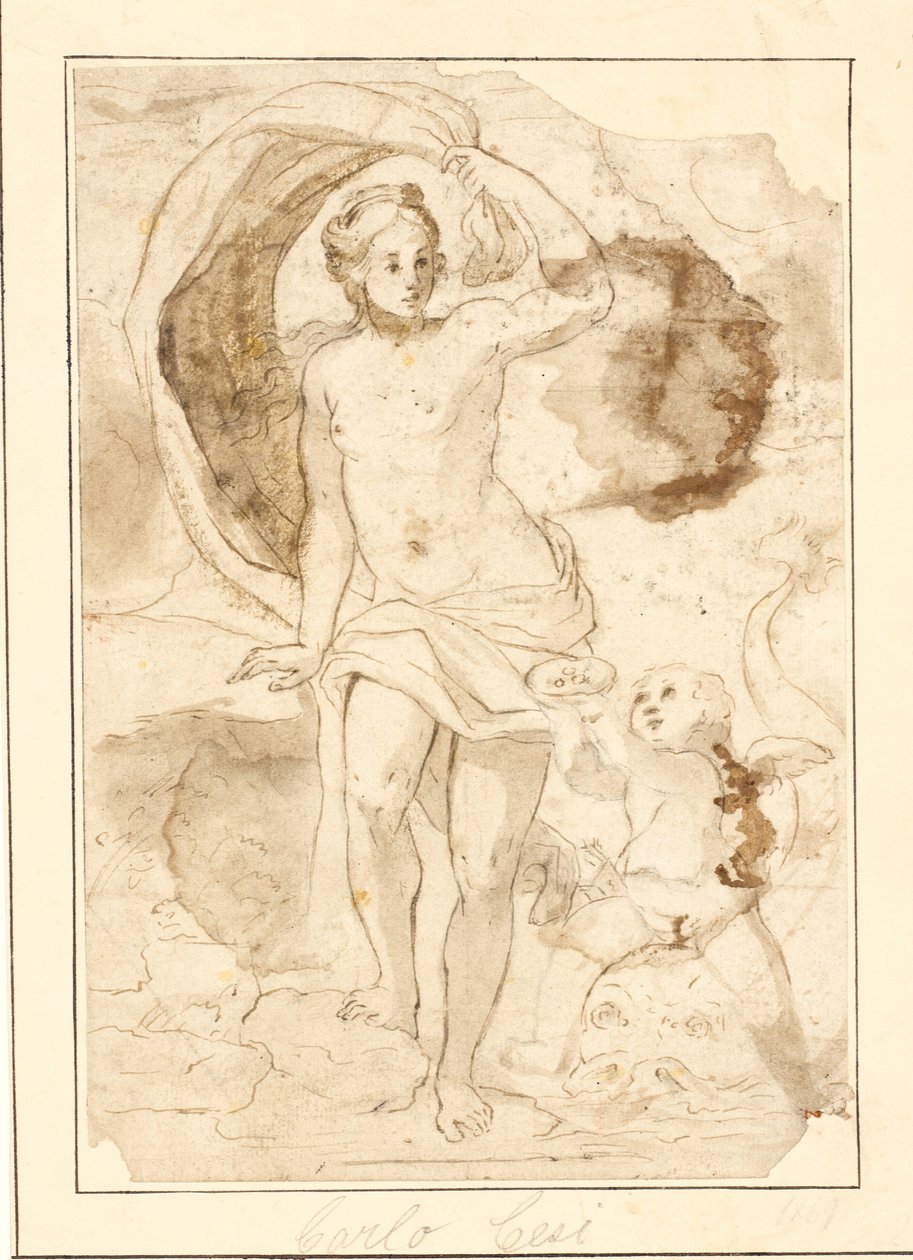 Venus wird von Amor, der auf einem Delphin reitet, Perlen in einer Muschel angeboten von Ubekendt