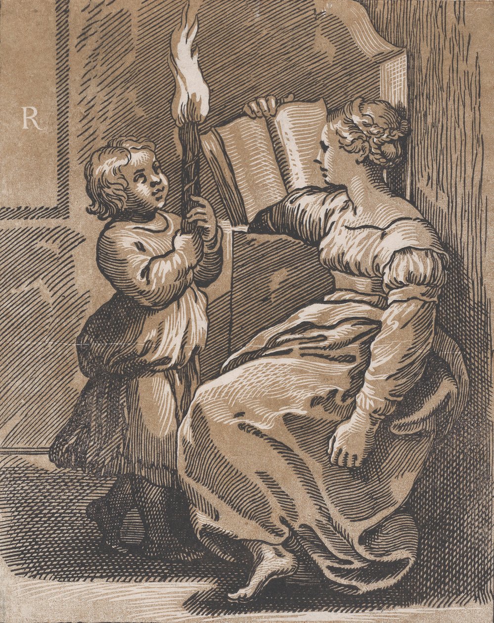 Eine Sibylle liest ein Buch nach links, nach 1518 von Ugo da Carpi