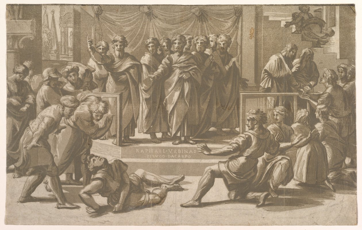 Der Tod des Ananias, umgeben von Aposteln, 1518 von Ugo da Carpi