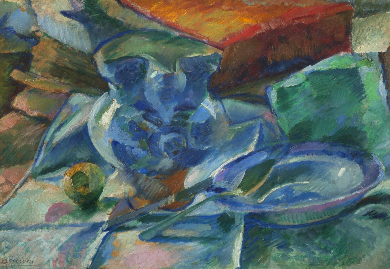 Stillleben mit Steingut, Besteck und Früchten von Umberto Boccioni