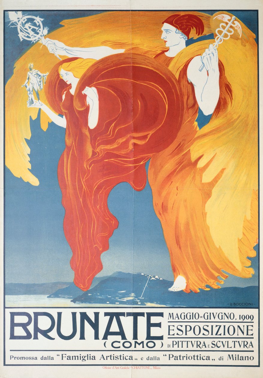 Plakat für eine Ausstellung von Malerei und Skulptur in Brunate von Umberto Boccioni (1882-1916), Chromolithographie, 70x50 cm von Umberto Boccioni