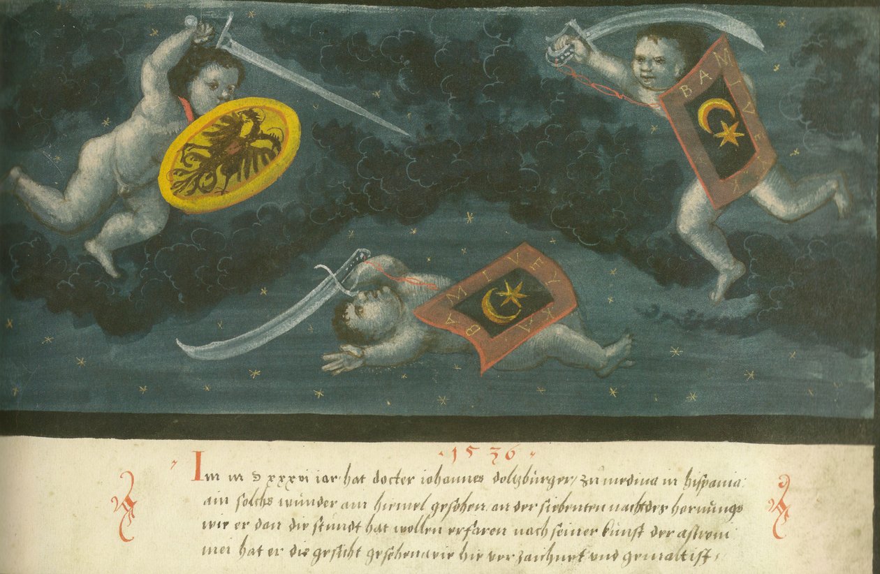 Augsburger Wunderzeichenbuch — Folio 134 Himmelsschlacht dreier Kinder 1536 von Unbekannt Unbekannt