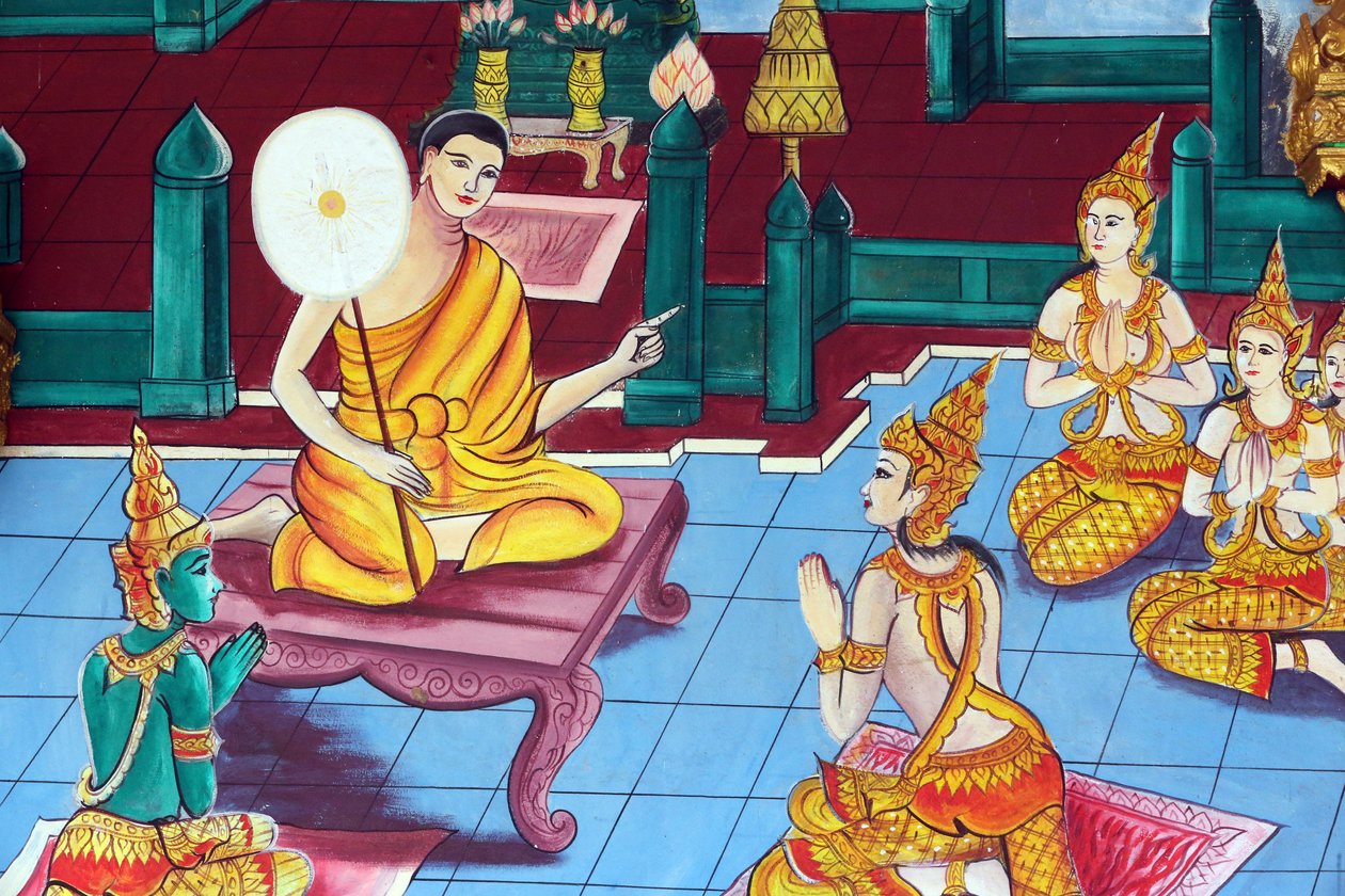 20151029, Vientiane, Laos: Wat Inpeng buddhistischer Tempel. Malerei, die die Lebensgeschichte von Shakyamuni Buddha darstellt von Unbekannt