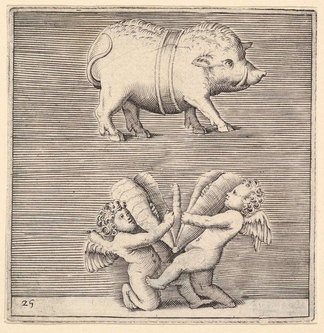 Ein gegürtetes Schwein und zwei Cupidos oder Genien mit einem Schmetterling oder einer Motte von Unbekannt