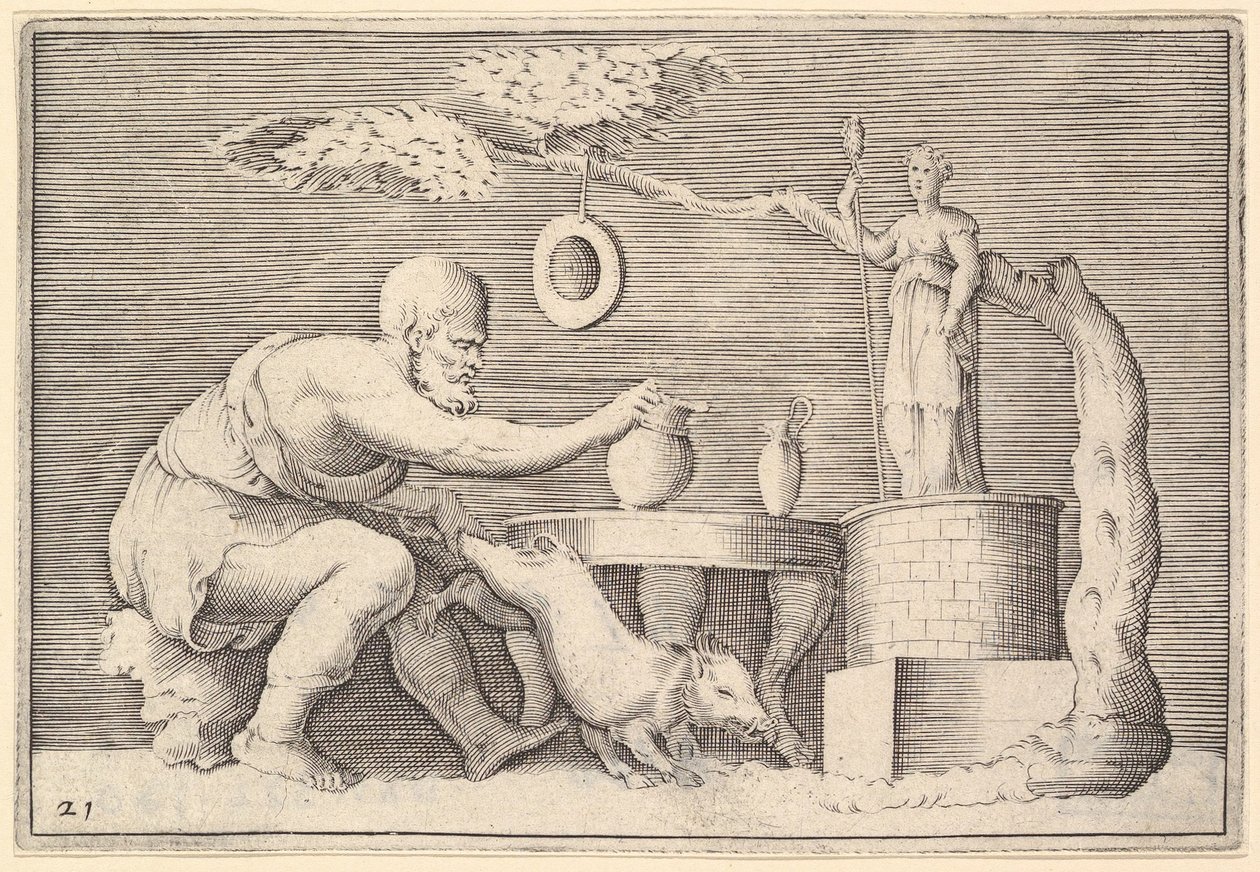 Ein Faun oder Satyr bereitet ein Schwein für das Opfer vor, veröffentlicht ca. 1599-1622 von Unbekannt